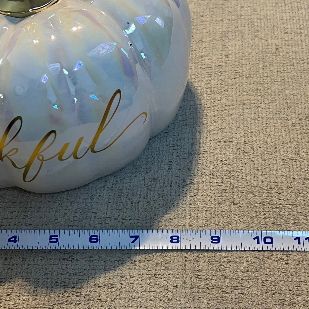 Iridescent‎ White Ceramic Thankful Pumpkin Gold Stem Fall Thanksgiving Decor 6in - Picture 4 of 5